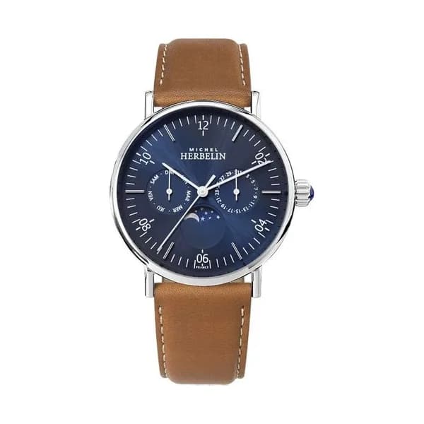 Michel Herbelin Montre Michel Herbelin Inspiration quartz Phase de lune cadran bleu soleillé bracelet cuir brun 38 mm