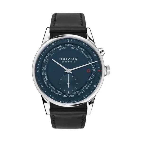 Nomos Montre NOMOS Zürich world time automatique cadran bleu nuit bracelet cuir véritable noir 39,9 mm