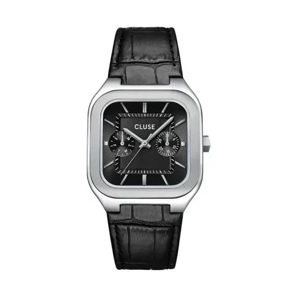 Cluse Quadrus Multifunction Watch Leather, Black, Silver Colour