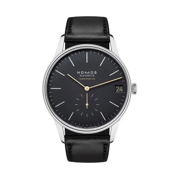 Nomos Montre Nomos Orion Neomatik Date New Black automatique cadran noir bracelet cuir noir 41 mm