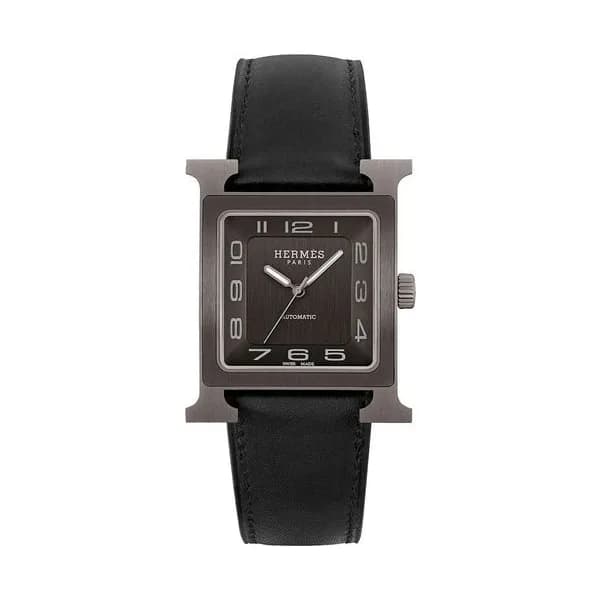 Hermès Montre HERMÈS Heure H Titane automatique cadran noir bracelet cuir noir 34 mm