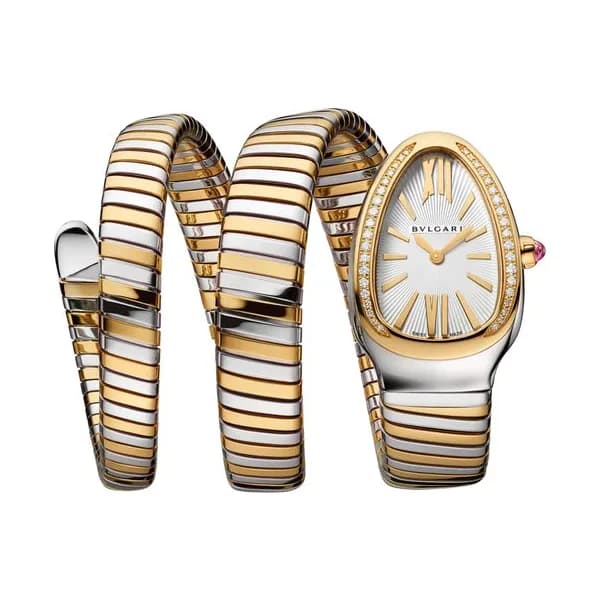 Bulgari Montre Bulgari Serpenti Tubogas S quartz lunette sertie cadran argenté opalin bracelet acier et or jaune double tour 35 mm