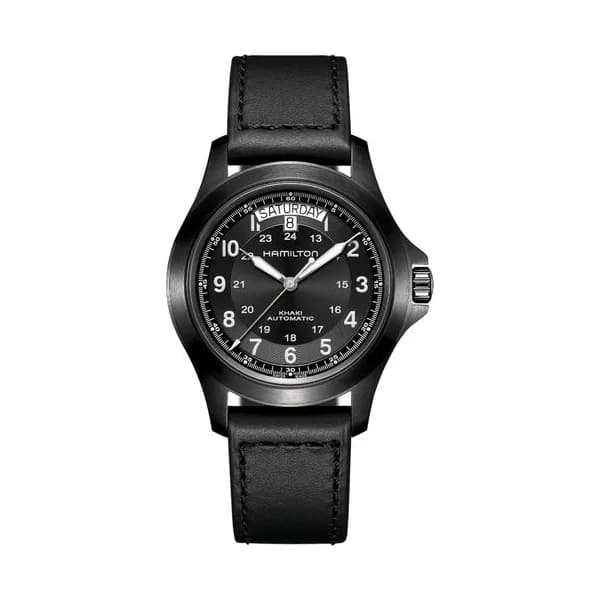Hamilton Montre Hamilton Khaki Field King automatique cadran noir bracelet cuir noir 40 mm