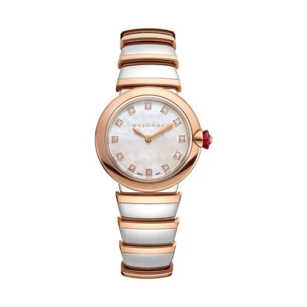 Bulgari Montre Bulgari Lvcea quartz index diamants cadran nacre blanche bracelet acier et or rose 28 mm