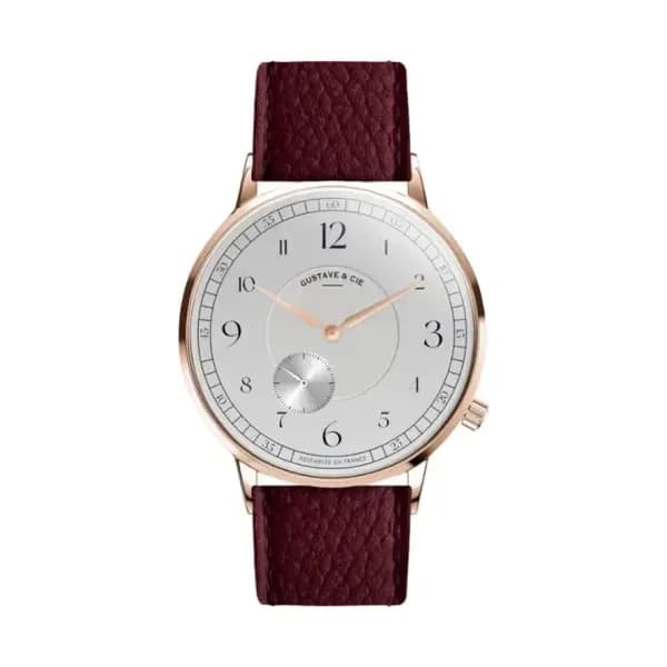 Gustave & Cie Montre 12H Hector Or Rose & Blanc Cuir Bordeaux Grainé 36mm