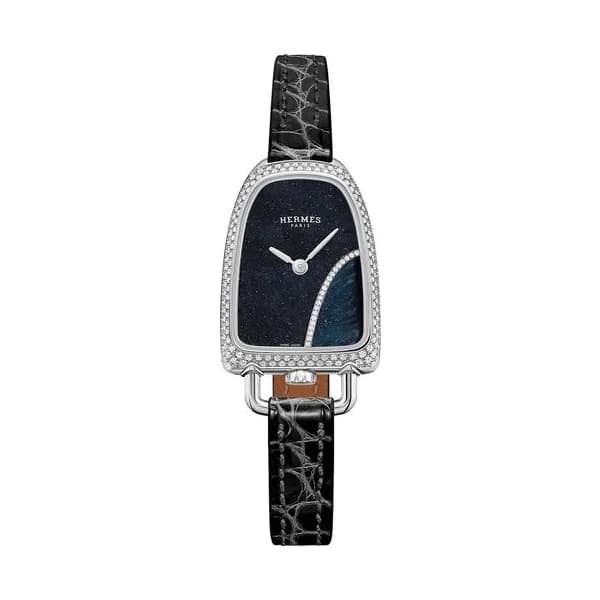 Hermès Montre HERMÈS Galop d'Hermès Moyen Modèle sertie quartz cadran aventurine et oeil de faucon bracelet cuir noir 32 mm