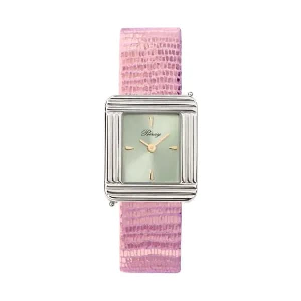 Poiray Montre Poiray Ma Première Acier Cadran Vert Bracelet Chèvre Rose