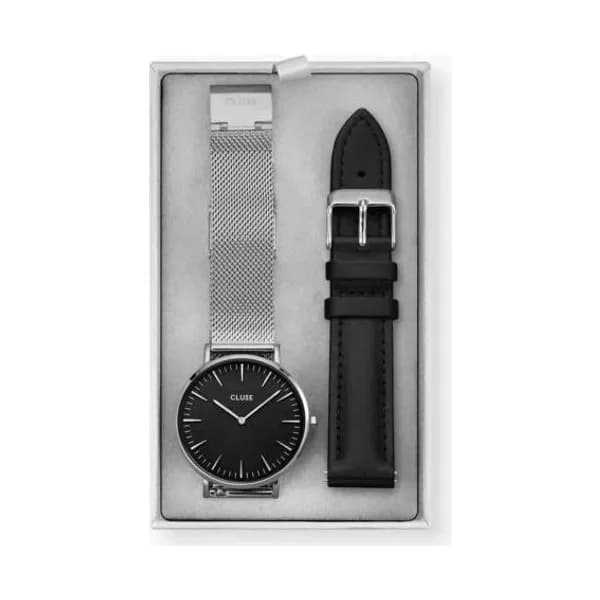 Cluse Montre Cluse Gift Box Boho Chic Watch Mesh and Leather Strap, Silver Colour - - CG10118