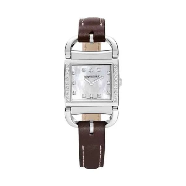 Pequignet E. Montre Pequignet Attellage Quartz - Cadran Nacre Blanc - Bracelet Marron Foncé - 5894509CD