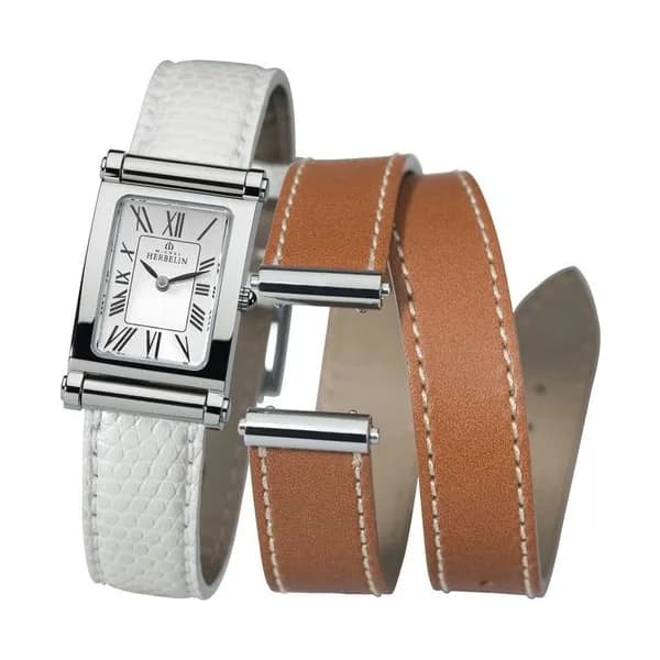 Michel Herbelin Montre Michel Herbelin Coffret Antarès quartz cadran argent chiffres romains bracelets cuir blanc et miel
