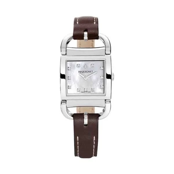 Pequignet E. Montre Pequignet Attellage Quartz - Cadran Nacre Blanc - Bracelet Marron Foncé - 5894503CD
