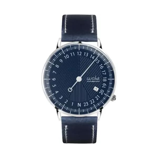 Gustave & Cie Montre 24H André Argent & Bleu PU Végétal Bleu Surpiqué 40mm