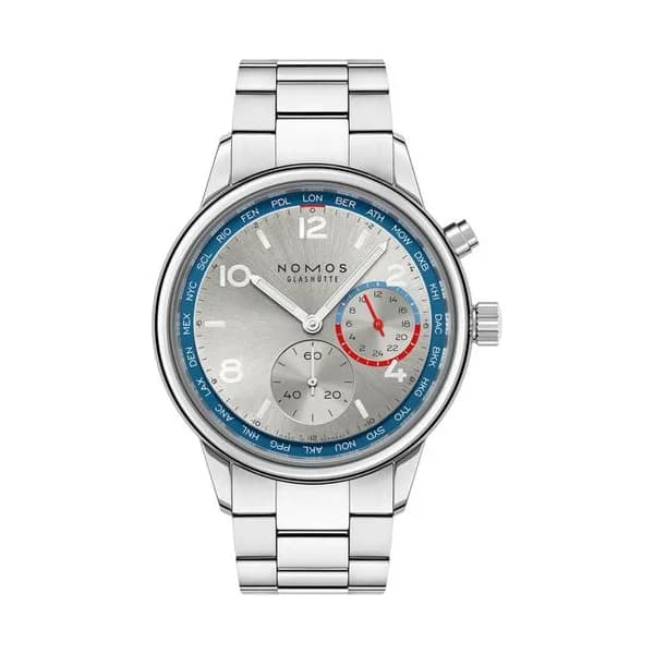 Nomos Montre Nomos Club Sport Neomatik Worldtimer Mondial cadran argent bracelet acier 40 mm