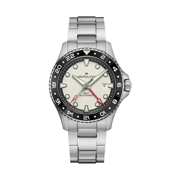 Hamilton Montre Hamilton Khaki Navy Scuba automatique GMT cadran blanc bracelet acier 43 mm