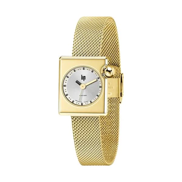 Lip Montre Lip Mach 2000 Mini Square quartz cadran argenté bracelet acier doré 30 x 28 mm