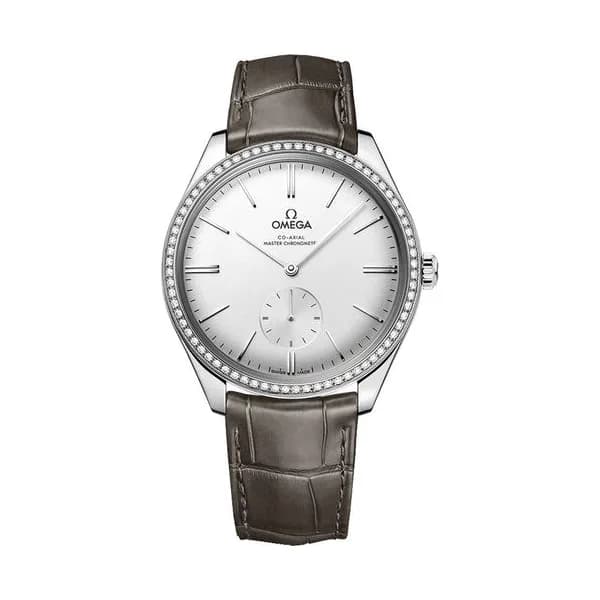 Omega Montre Omega de Ville Trésor Co-Axial Master Chronometer Petite Seconde lunette sertie automatique cadran argent bracelet cuir brun 40 mm