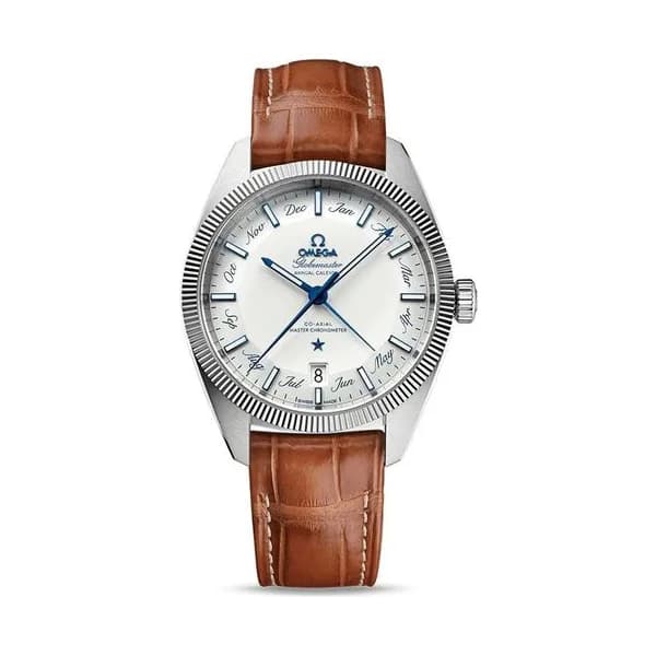 Omega Montre Omega Constellation Globemaster Co-Axial Master Chronometer calendrier annuel cadran argent bracelet cuir marron 41 mm
