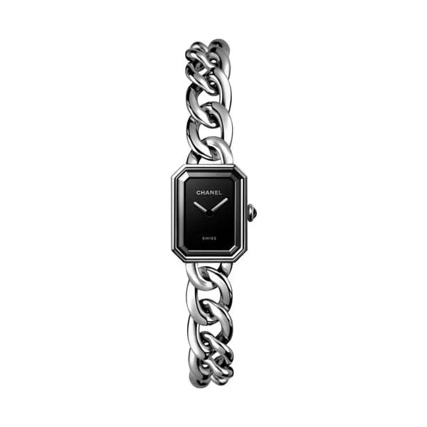 Chanel Montre CHANEL Première Chaîne Gourmette quartz cadran laqué noir bracelet acier Petit modèle