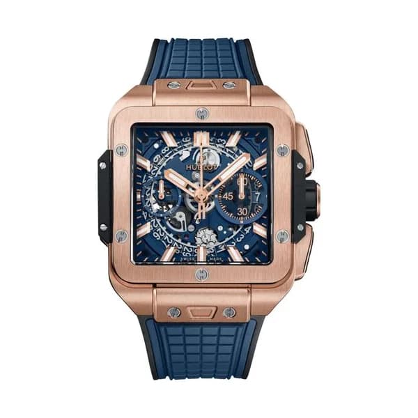 Hublot Montre Hublot Square Bang Unico King Gold Blue automatique cadran squelette bracelet caoutchouc bleu 42 mm