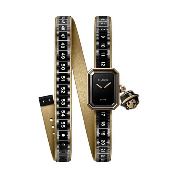 Chanel Montre CHANEL Première Ruban Couture quartz Or jaune et titane cadran laqué noir bracelet cuir noir et doré 19,7 mm