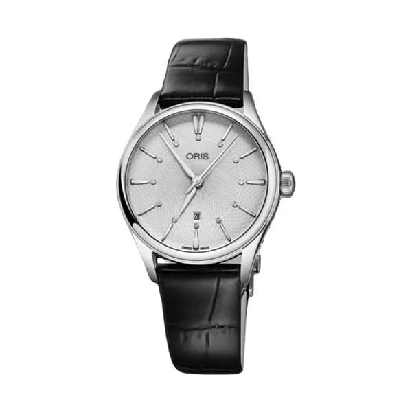 Oris Montre Oris Artelier Date Diamonds automatique cadran argenté bracelet cuir alligator noir 33 mm