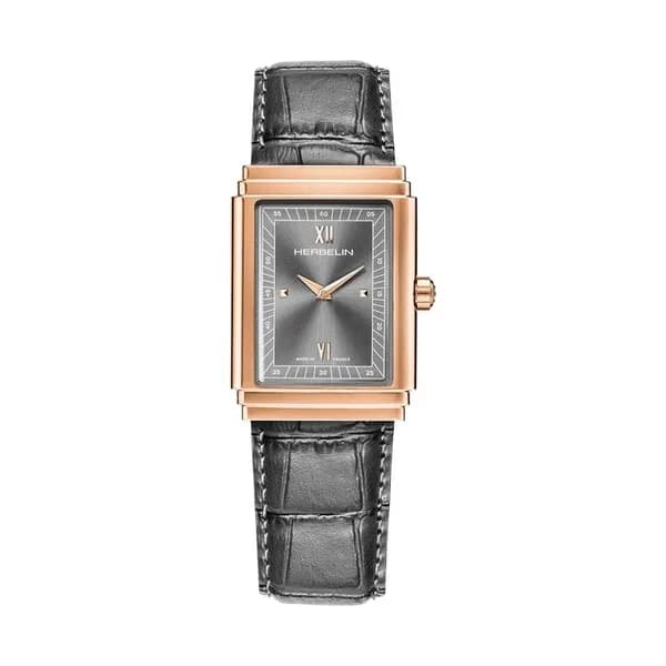 Michel Herbelin Montre Herbelin Art Déco 1925 PVD Or Rose quartz cadran gris bracelet cuir 37 x 27 mm