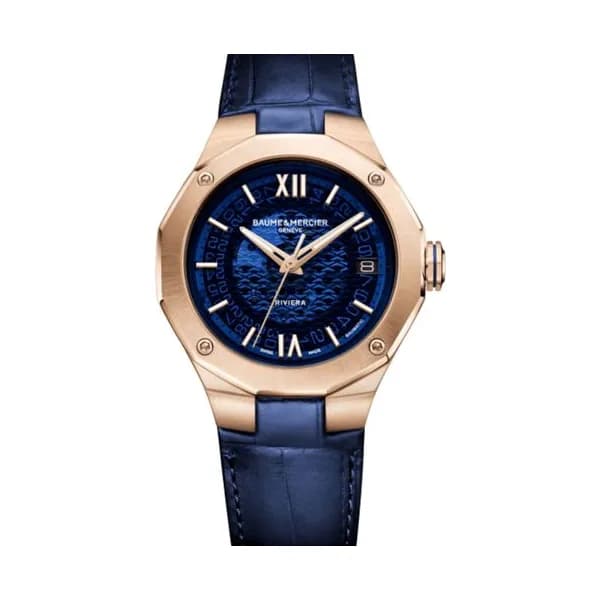 Baume & Mercier Montre Baume et Mercier Riviera automatique Or rose cadran bleu bracelet cuir bleu 39 mm