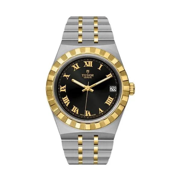 Tudor Montre Tudor Royal automatique index chiffres romains cadran noir bracelet acier et or jaune 34 mm