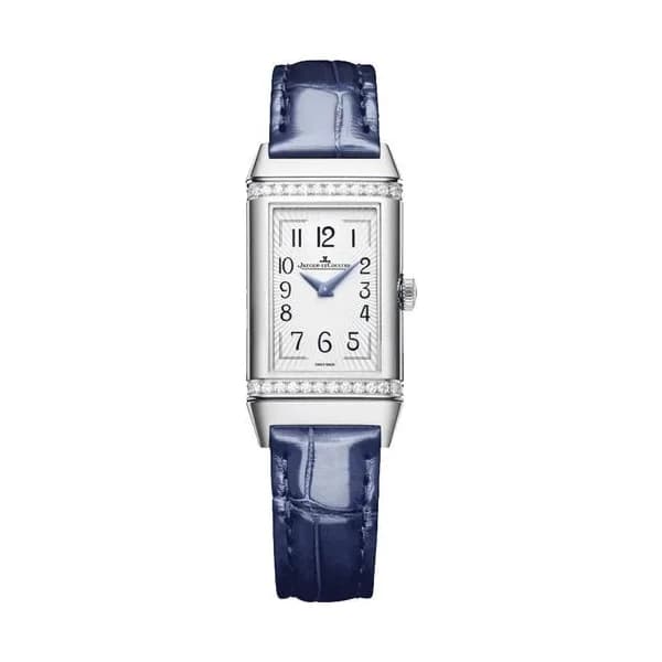 Jaeger-LeCoultre Montre Jaeger LeCoultre Reverso One Duetto mécanique cadran argent bracelet cuir bleu 40 x 20 mm