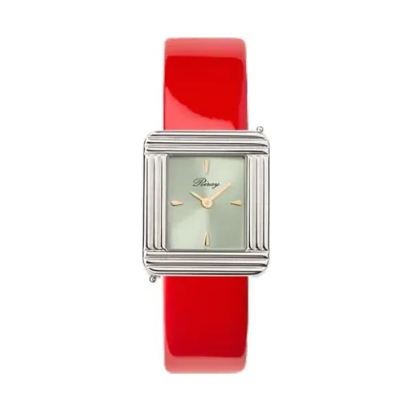 Poiray Montre Poiray Ma Première Acier Cadran Vert Bracelet Veau Vernis Rouge