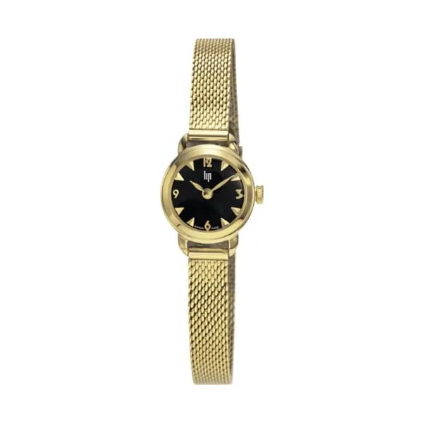 Lip Montre Lip Henriette Classique PVD Or Jaune quartz cadran noir bracelet maille milanaise dorée 18,5 mm