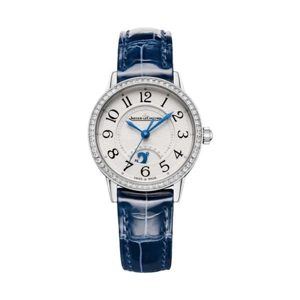 Jaeger-LeCoultre Montre Jaeger-LeCoultre Rendez-Vous Classic Night &amp; Day automatique lunette sertie cadran argent bracelet cuir bleu 29 mm