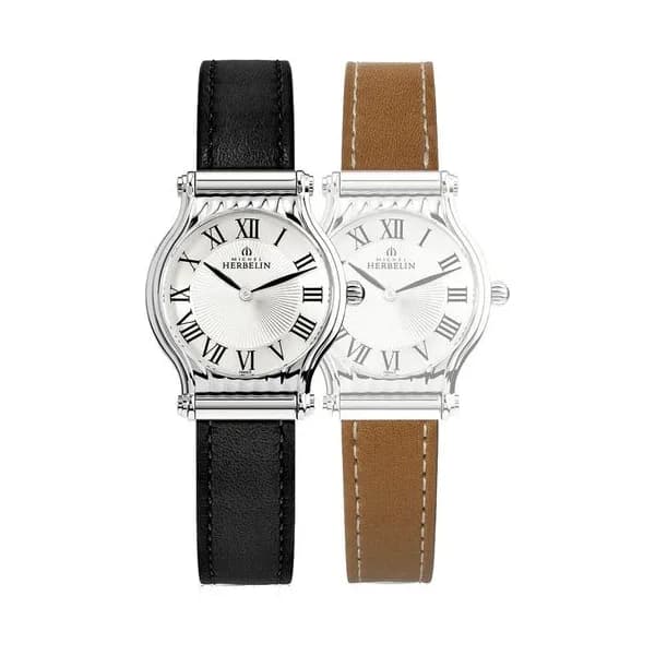 Michel Herbelin Montre Michel Herbelin Coffret Antarès quartz cadran argent chiffres romains bracelets cuir noir et gold 30 mm