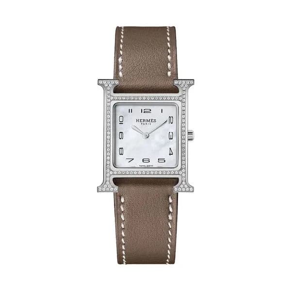 Hermès Montre HERMÈS Heure H Petit Modèle quartz cadran nacre blanche bracelet cuir veau Swift taupe 25 mm