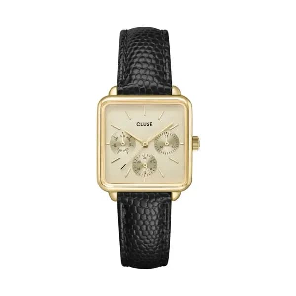 Cluse La Tétragone Multifunction Watch Leather, Black Lizard, Gold Colour