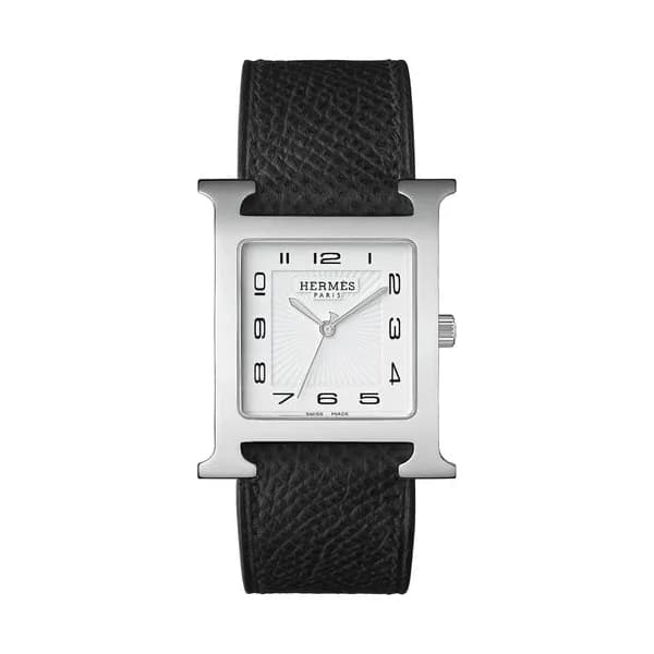Hermès Montre HERMÈS Heure H Grand Modèle quartz cadran blanc bracelet cuir noir 34 mm