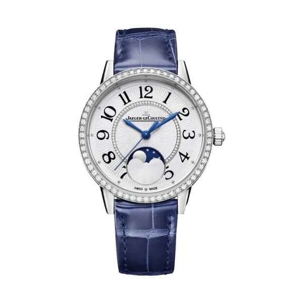 Jaeger-LeCoultre Montre Jaeger-LeCoultre Rendez-Vous Classic Moon automatique lunette sertie cadran argent bracelet cuir bleu 34 mm