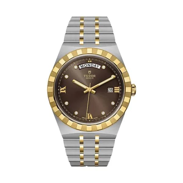 Tudor Montre Tudor Royal automatique lunette or jaune index diamants cadran chocolat bracelet acier et or jaune 41 mm