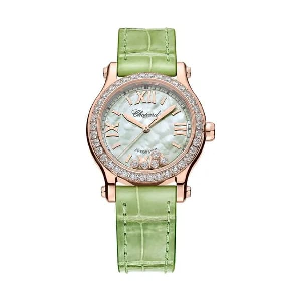 Chopard Montre Chopard Happy Sport Or Rose automatique lunette sertie cadran nacre verte bracelet cuir vert 30 mm