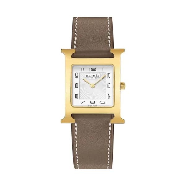 Hermès Montre HERMÈS Heure H Moyen Modèle PVD quartz cadran blanc bracelet cuir taupe 30 mm