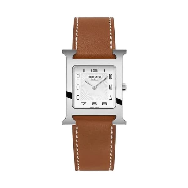 Hermès Montre HERMÈS Heure H Moyen Modèle quartz cadran blanc bracelet cuir Barénia marron 30 mm