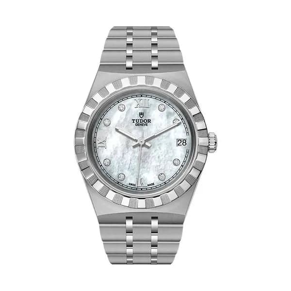 Tudor Montre Tudor Royal automatique index diamants cadran nacre blanche bracelet acier 34 mm