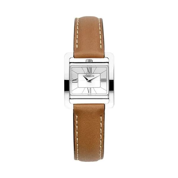 Michel Herbelin Montre Michel Herbelin 5ème Avenue quartz cadran argenté chiffre romains bracelet cuir brun