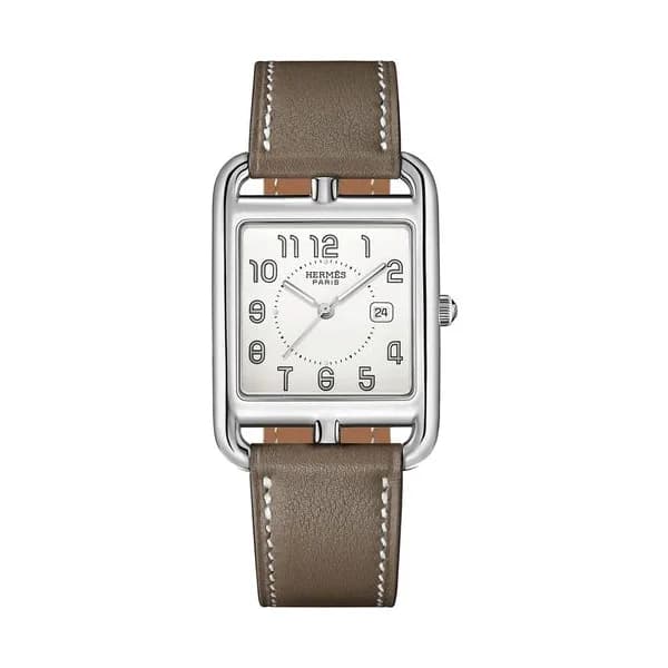 Hermès Montre HERMÈS Cape Cod Grand Modèle quartz cadran argenté bracelet cuir taupe 37 mm