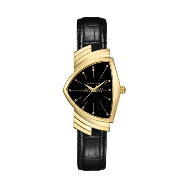 Hamilton Montre Hamilton Ventura quartz acier PVD doré cadran noir bracelet cuir façon alligator