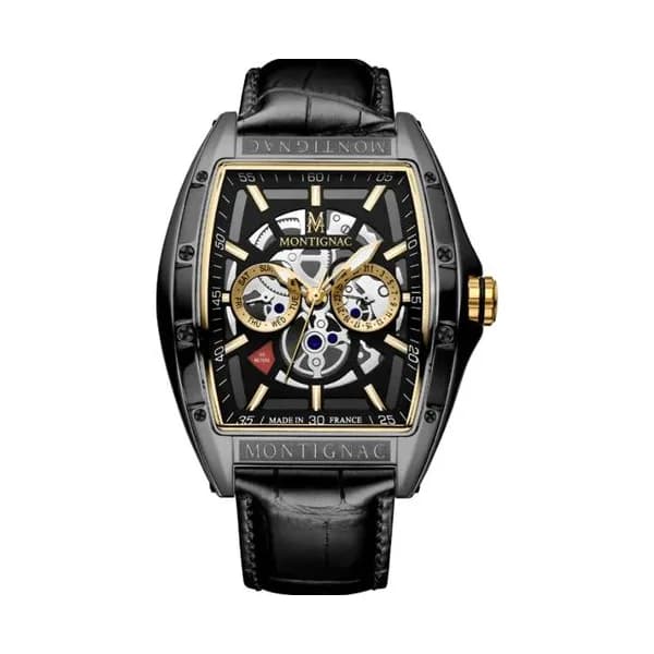 Montignac Montre Montignac Collection Tonneau en Cuir Noir