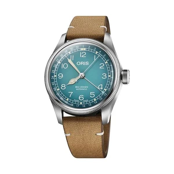 Oris Montre Oris X Cervo Volante Big Crown Pointer Date automatique cadran bleu bracelet cuir 38 mm