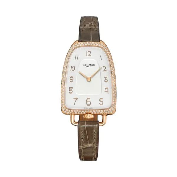 Hermès Montre HERMÈS Galop d'Hermès Grand Modèle sertie quartz cadran argent bracelet cuir gris 40 mm