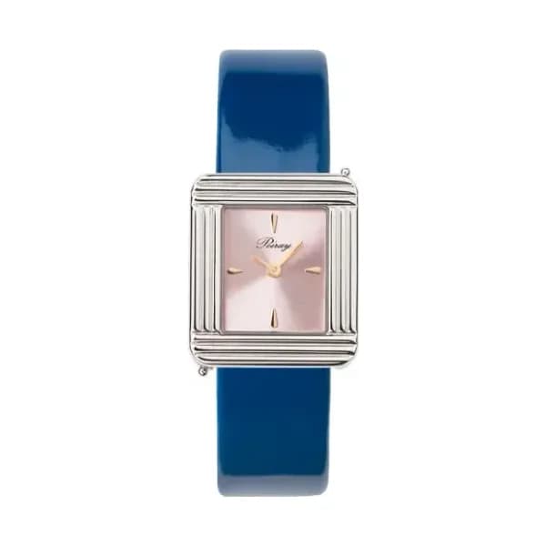 Poiray Montre Poiray Ma Première Acier Cadran Rose Bracelet Veau Vernis Bleu