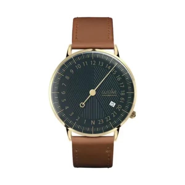 Gustave & Cie Montre 24H André Or & Vert Cuir Marron Havane Surpiqué 40mm
